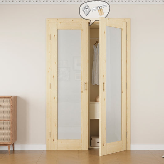 Jujubon 1-Lite Frosted Glass Pine Wood Solid Core Finished Glass French Door Panels with Silver Ball Catch, with Ready-to-Assemble Jamb