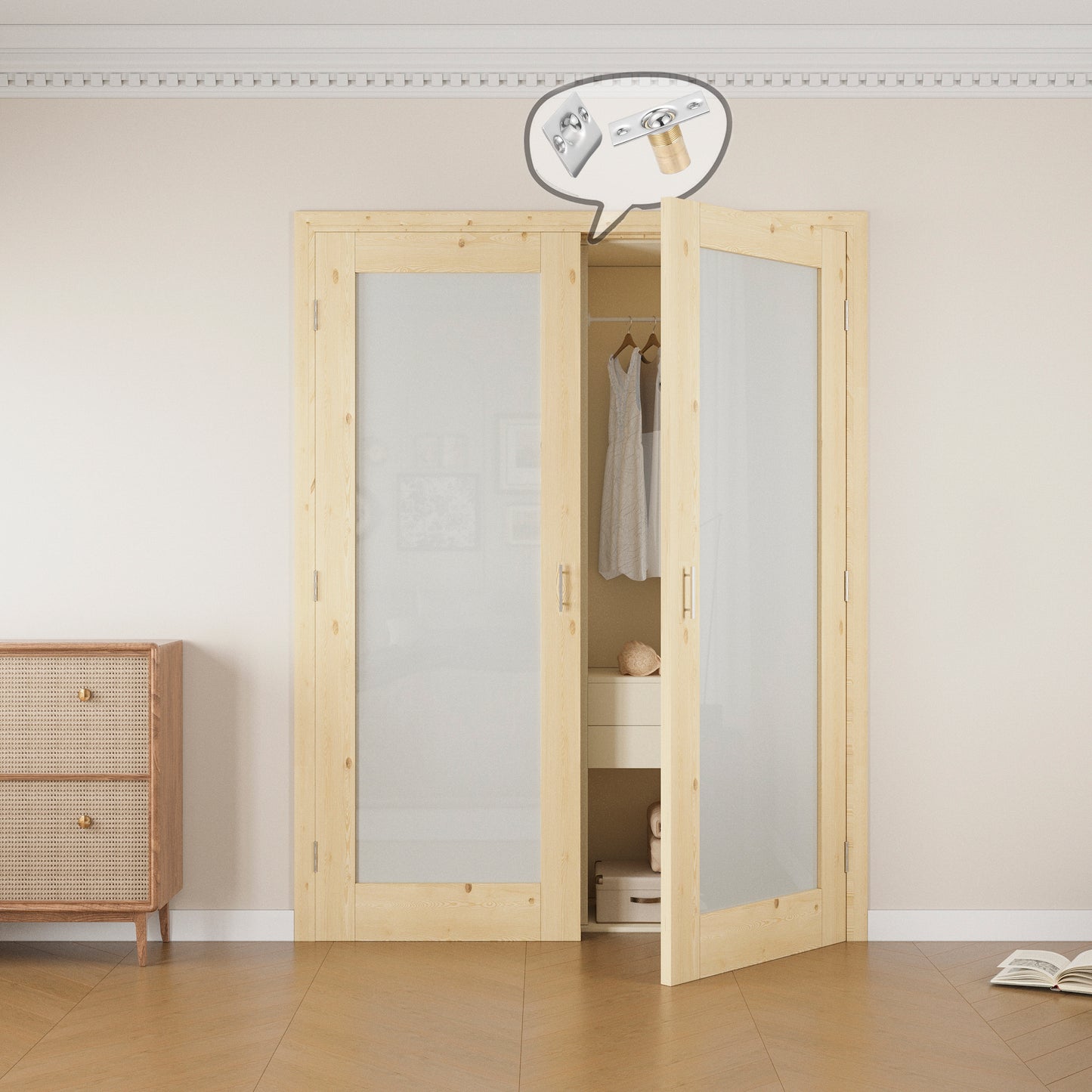 Jujubon 1-Lite Frosted Glass Pine Wood Solid Core Finished Glass French Door Panels with Silver Ball Catch, with Ready-to-Assemble Jamb