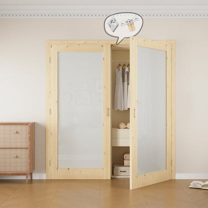 Jujubon 1-Lite Frosted Glass Pine Wood Solid Core Finished Glass French Door Panels with Silver Ball Catch, with Ready-to-Assemble Jamb