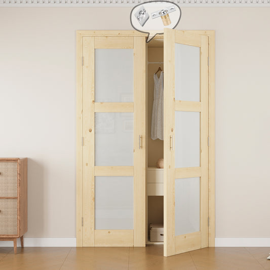 Jujubon 3-Lite Frosted Glass Pine Wood Solid Core Finished Glass French Door Panels with Silver Ball Catch, with Ready-to-Assemble Jamb