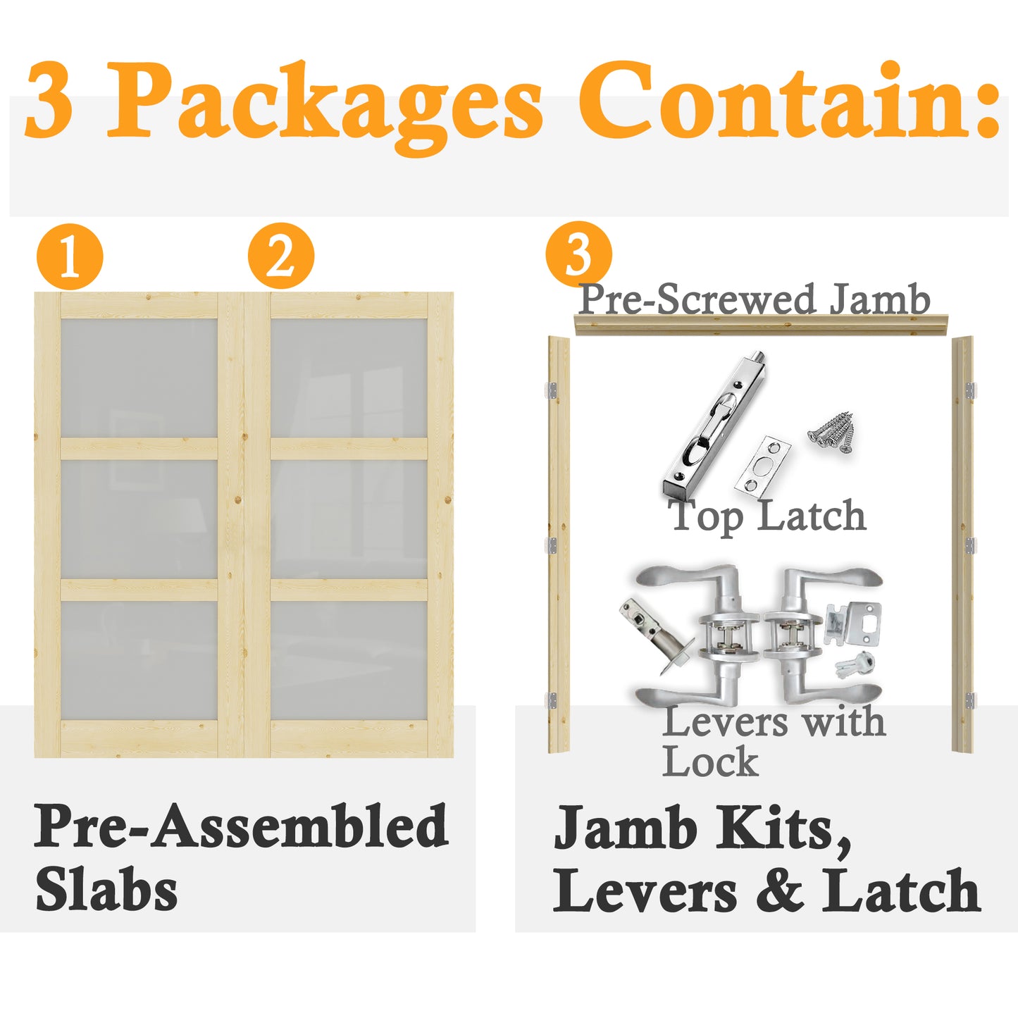 JUJUBON Prehung French Door, 3-Lite Tempered Frosted Glass & Pine Wood Panel with Sliver Handware Kits, 4 Levers & Latch, Solid Core Interior Doors, Uninished & Paintable Double Doors Interior