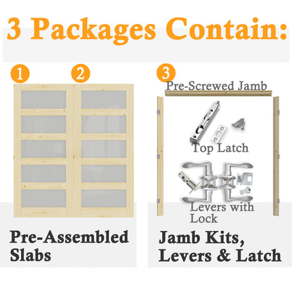 JUJUBON Prehung French Door, 5-Lite Tempered Frosted Glass & Pine Wood Panel with Sliver Handware Kits, 4 Levers & Latch, Solid Core Interior Doors, Uninished & Paintable Double Doors Interior