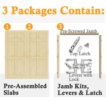 JUJUBON Prehung French Door, 6-Lite Pine Wood Panel with Sliver Handware Kits, 4 Levers & Latch, Solid Core Interior Doors, Uninished & Paintable Double Doors Interior