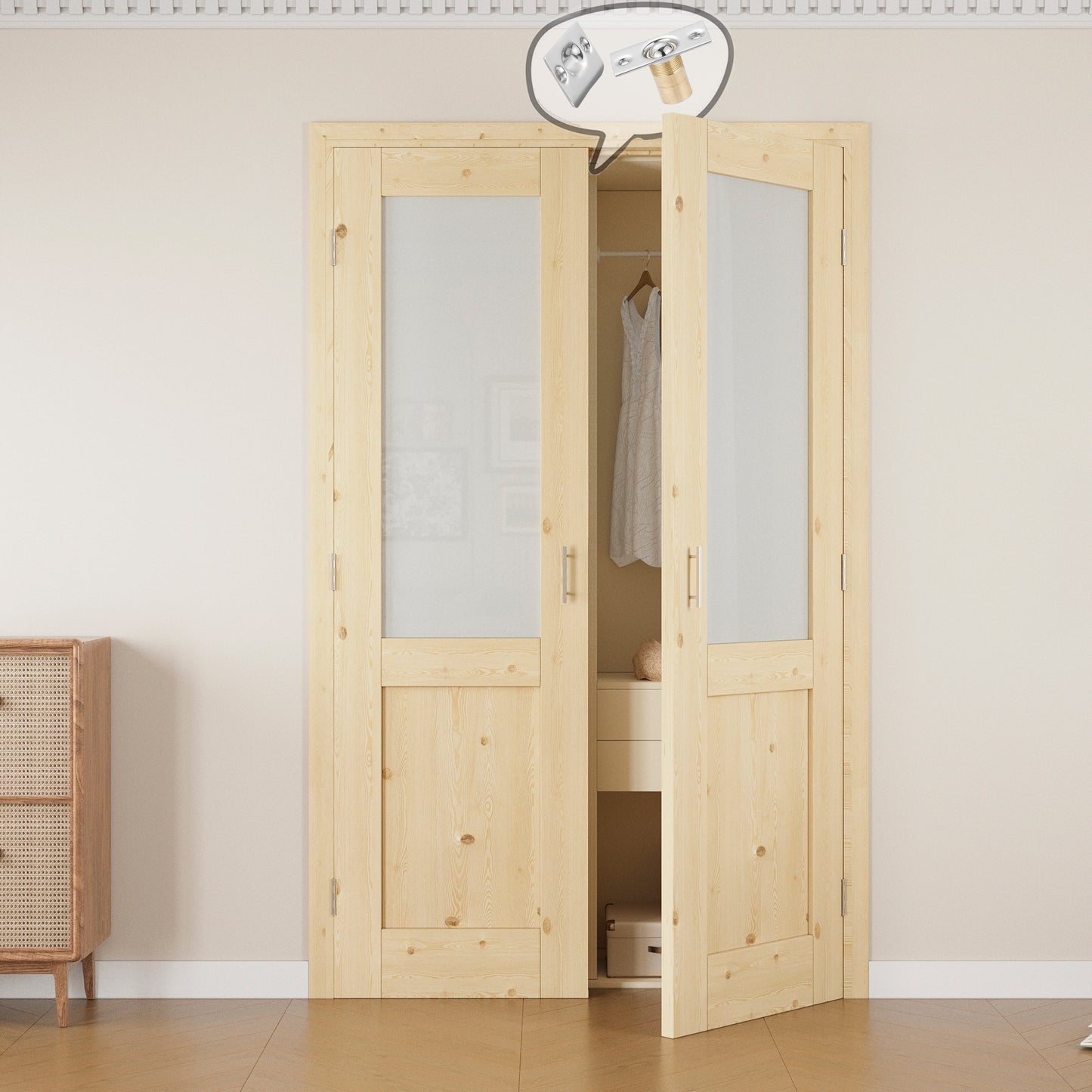 Jujubon Half-Lite Frosted Glass Pine Wood Solid Core Finished Glass French Door Panels with Silver Ball Catch, with Ready-to-Assemble Jamb