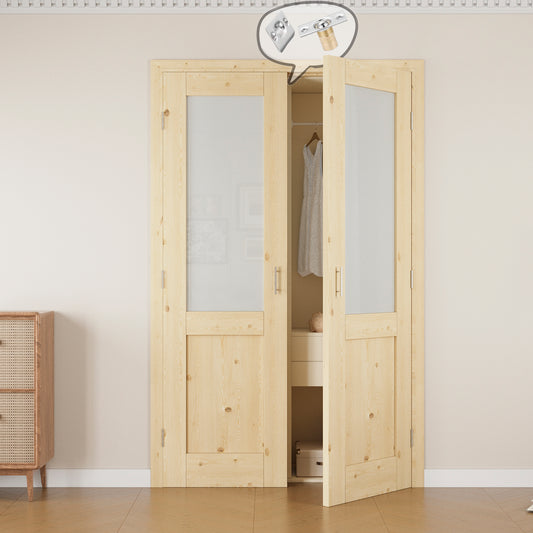 Jujubon Half-Lite Frosted Glass Pine Wood Solid Core Finished Glass French Door Panels with Silver Ball Catch, with Ready-to-Assemble Jamb