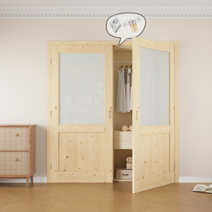 Jujubon Half-Lite Frosted Glass Pine Wood Solid Core Finished Glass French Door Panels with Silver Ball Catch, with Ready-to-Assemble Jamb