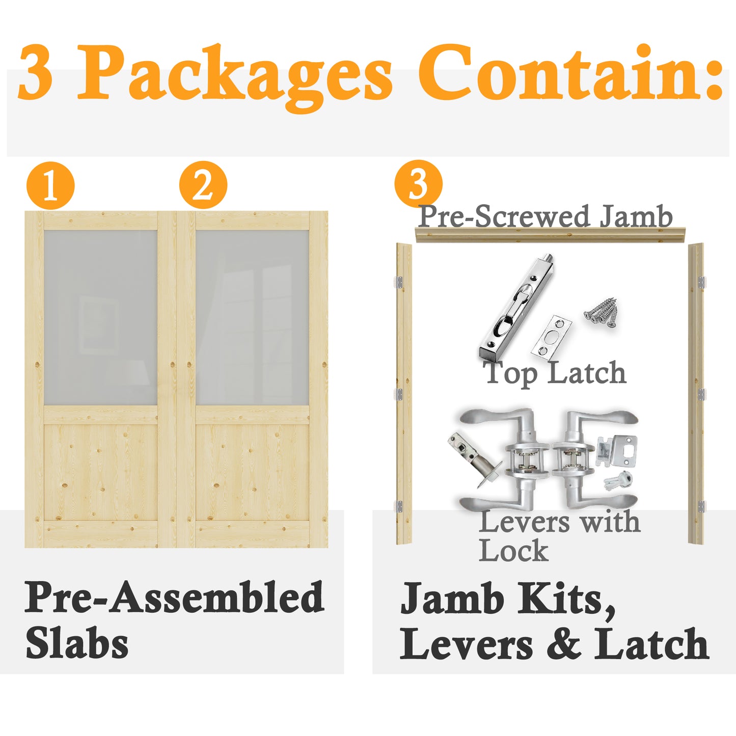 JUJUBON Prehung French Door, Half-Lite Tempered Frosted Glass & Pine Wood Panel with Sliver Handware Kits, 4 Levers & Latch, Solid Core Interior Doors, Uninished & Paintable Double Doors Interior
