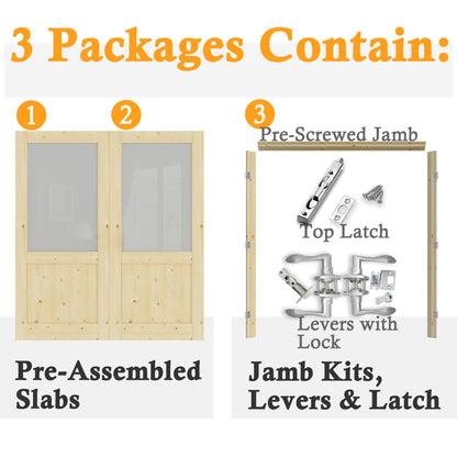 JUJUBON Prehung French Door, Half-Lite Tempered Frosted Glass & Pine Wood Panel with Sliver Handware Kits, 4 Levers & Latch, Solid Core Interior Doors, Uninished & Paintable Double Doors Interior