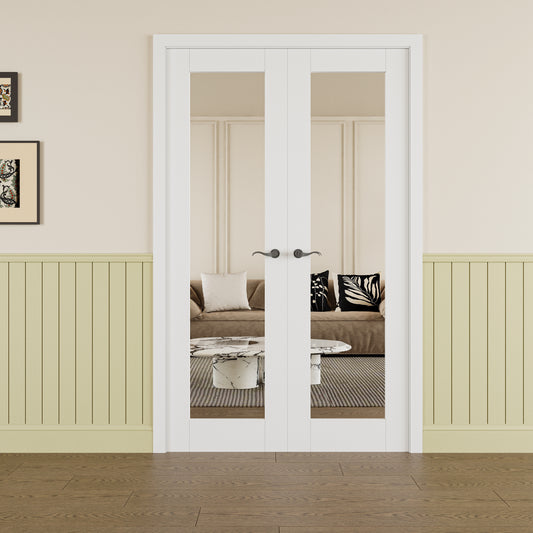 JUJUBON Prehung French Door, Double Side Mirror Door Slabs with Jamb, Black Hinges, 4 Levers & Latch, Solid Core Interior Doors, Pre-Finished & Paintable, One Side Mirror & The Opposite White