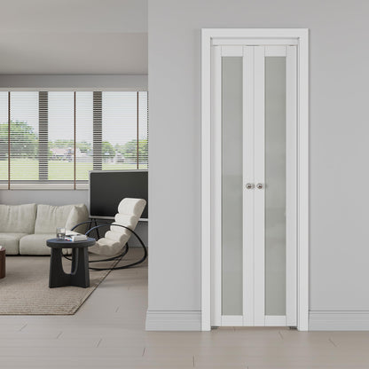 JUJUBON Pivot French Doors, Frosted Glass Panel with Hardware Kit, Solid Core MDF Wood & PVC Covered Finished, White Closet Door