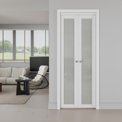 JUJUBON Pivot French Doors, Frosted Glass Panel with Hardware Kit, Solid Core MDF Wood & PVC Covered Finished, White Closet Door