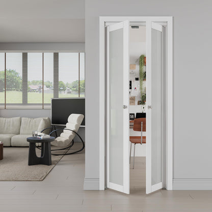 JUJUBON Pivot French Doors, Frosted Glass Panel with Hardware Kit, Solid Core MDF Wood & PVC Covered Finished, White Closet Door