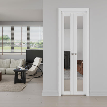 JUJUBON Pivot French Doors, Mirrored & Solid Core MDF Wood Closet Door, White
