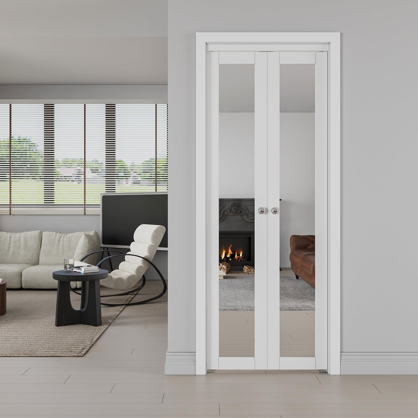 JUJUBON Pivot French Doors, Mirrored & Solid Core MDF Wood Closet Door, White