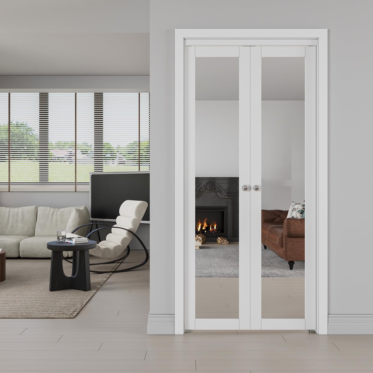 JUJUBON Pivot French Doors, Mirrored & Solid Core MDF Wood Closet Door, White