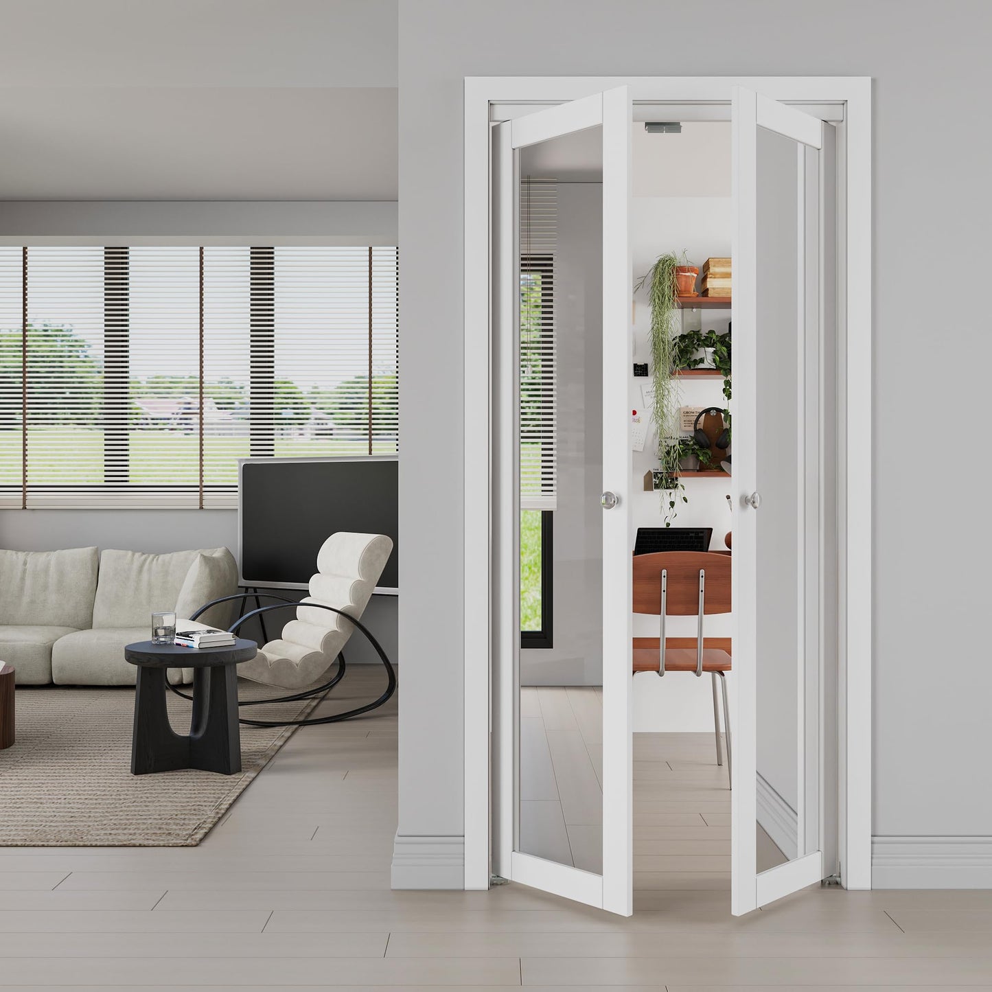 JUJUBON Pivot French Doors, Mirrored & Solid Core MDF Wood Closet Door, White