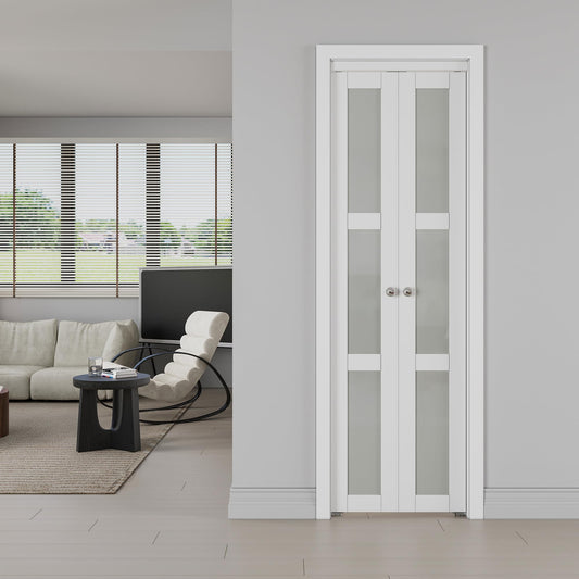 JUJUBON Pivot French Doors, 3-Lite Frosted Glass, White Closet Doors