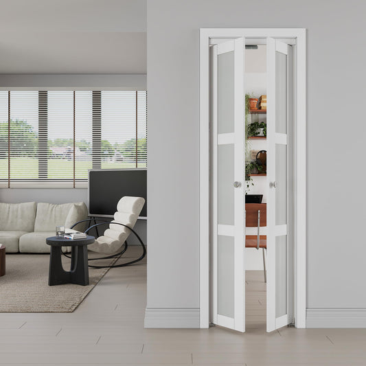 [Paintable & Two Hardware Kits] JUJUBON Pivot French Doors, 3-Lite Frosted Glass, White Closet Doors
