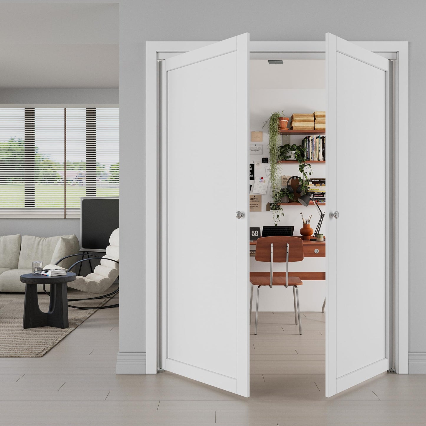 Jujubon 1-Lite Panel Closet  Pivot Door with Hardware Kit & Knob, Solid Core MDF Wood & PVC Covered Finished,  White