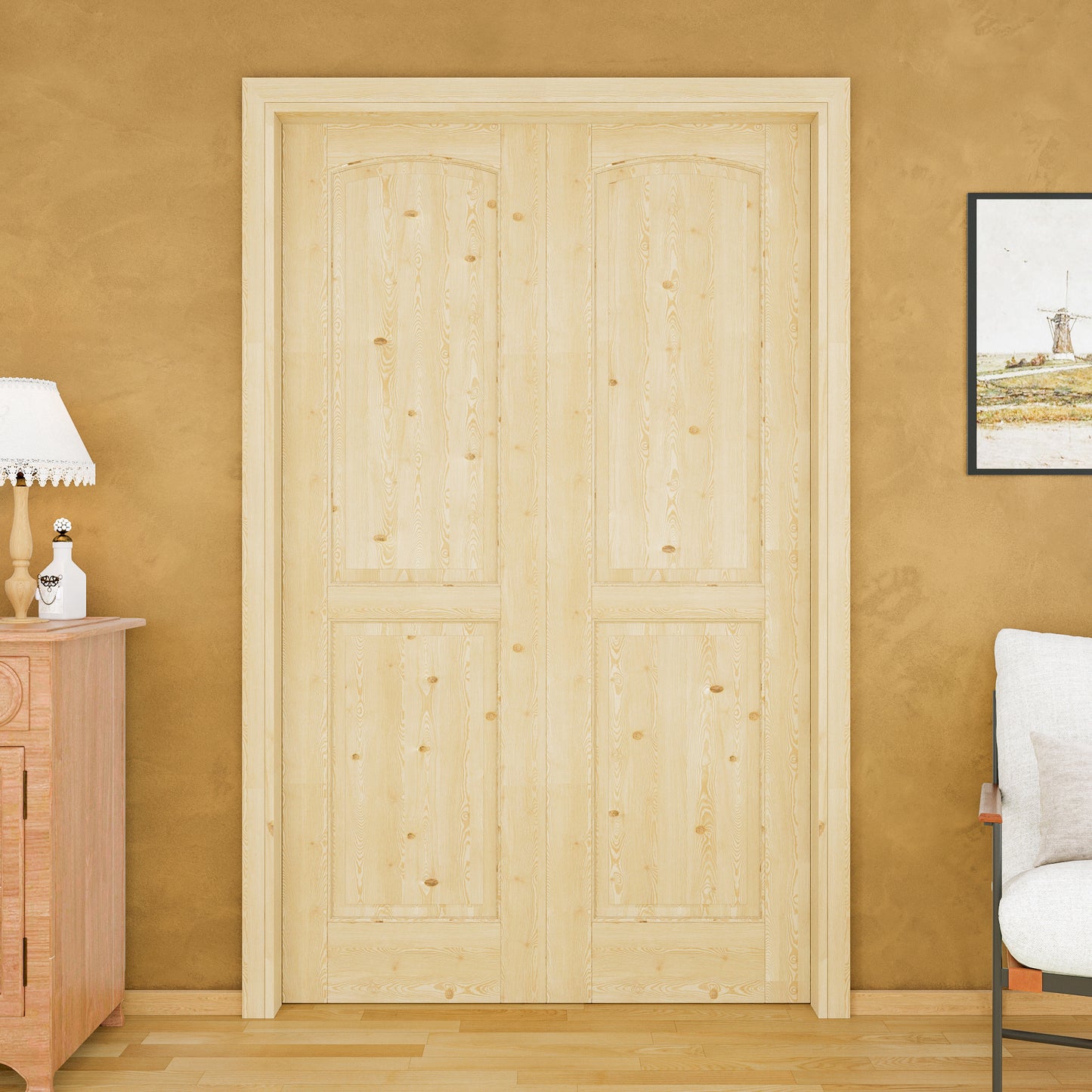 Jujubon 2-Panel Universal Solid Core Pine Wood Pocket Door with Hardware Kit & Soft Close & Frame, Unfinished