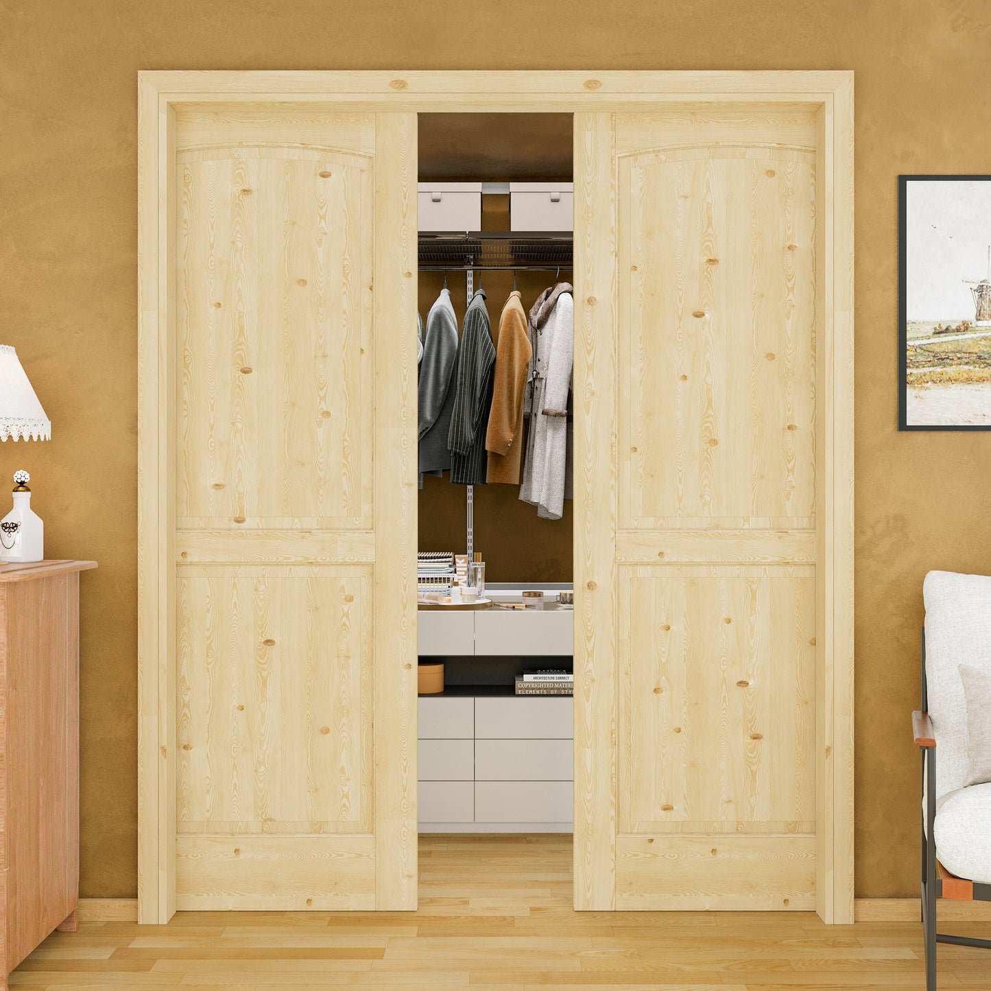 Jujubon 2-Panel Universal Solid Core Pine Wood Pocket Door with Hardware Kit & Soft Close & Frame, Unfinished