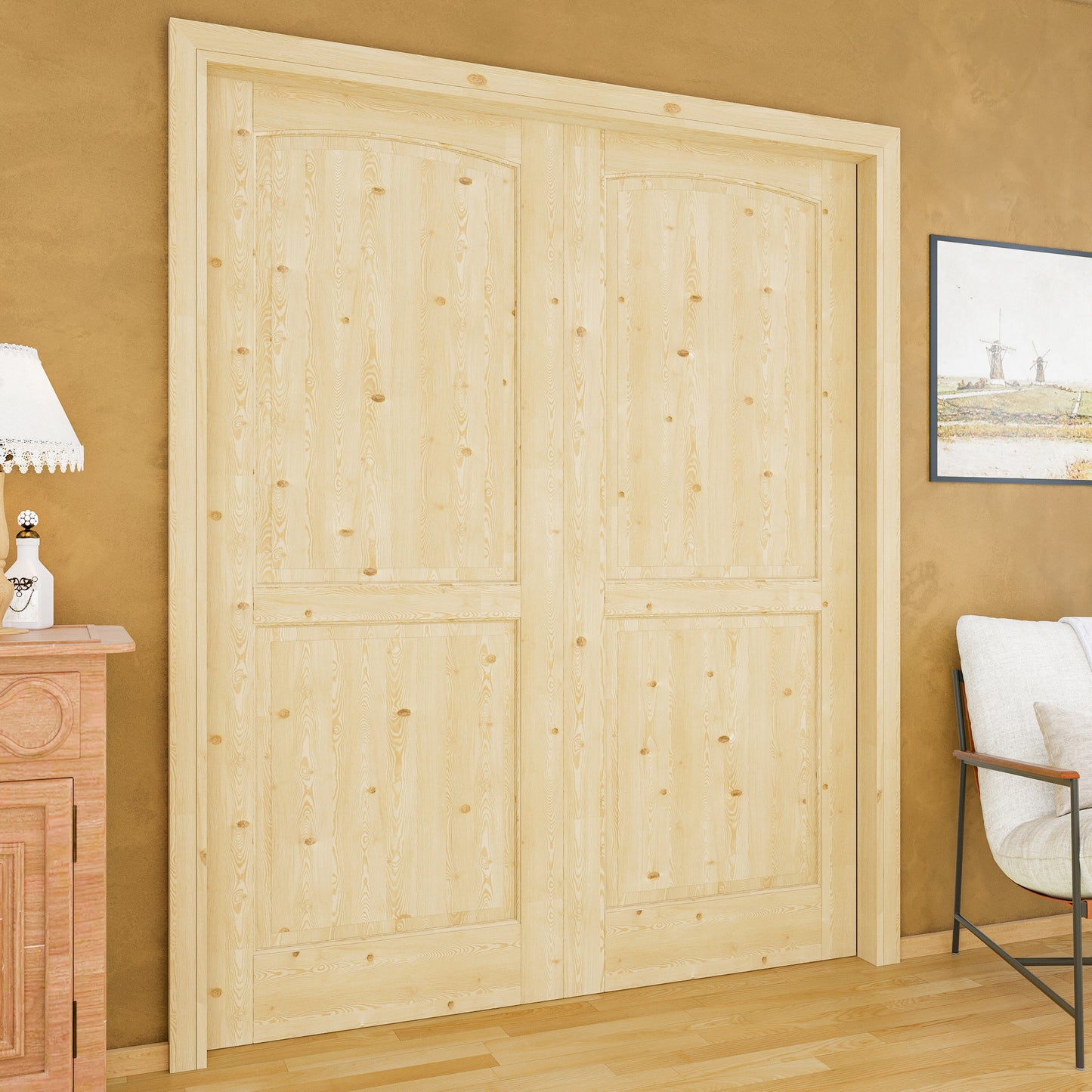 Jujubon 2-Panel Universal Solid Core Pine Wood Pocket Door with Hardware Kit & Soft Close & Frame, Unfinished