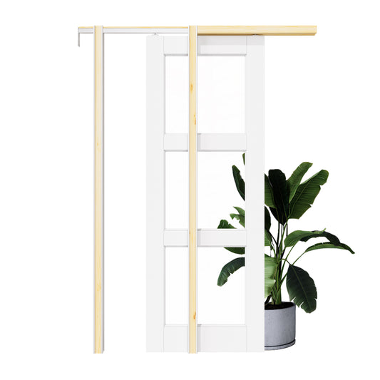 Jujubon 3-Lite Clear Glass Pocket Door with Hardware Kit & Soft Close & Frame, MDF Wood & Paint-grade Finished, White