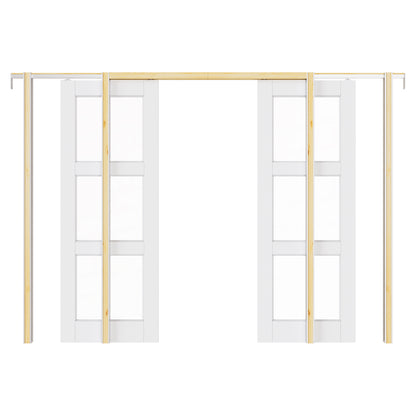 Jujubon 3-Lite Clear Glass Pocket Door with Hardware Kit & Soft Close & Frame, MDF Wood & Paint-grade Finished, White