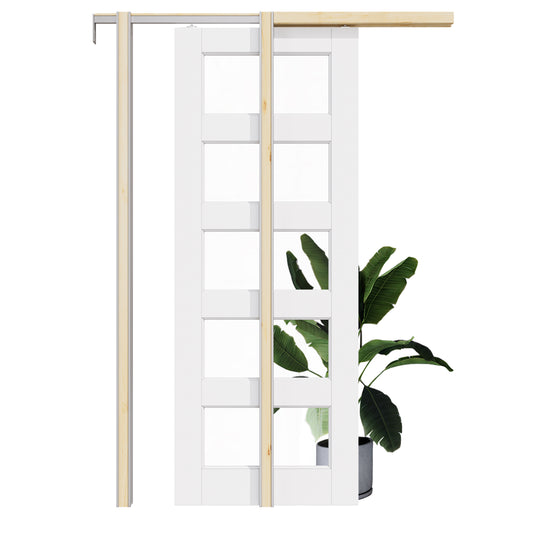 Jujubon 5-Lite Clear Glass Pocket Door with Hardware Kit & Soft Close & Frame, MDF Wood & Paint-grade Finished, White