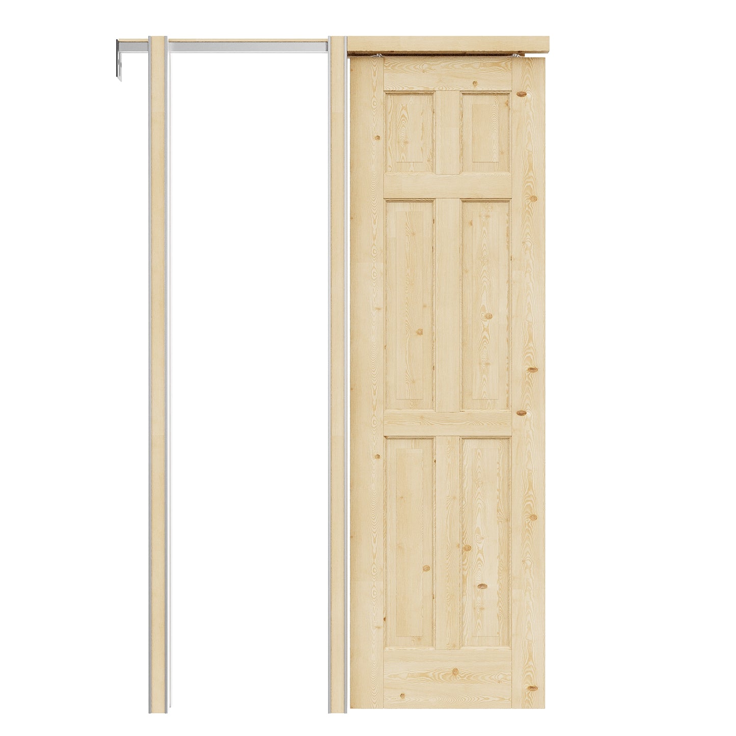 Jujubon 6 Lite-Panel Universal Solid Core Pine Wood Pocket Door with Hardware Kit & Soft Close & Frame, Unfinished