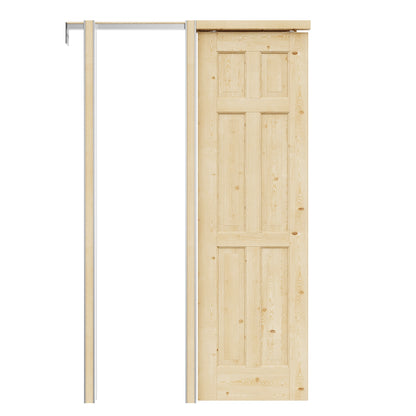 Jujubon 6 Lite-Panel Universal Solid Core Pine Wood Pocket Door with Hardware Kit & Soft Close & Frame, Unfinished