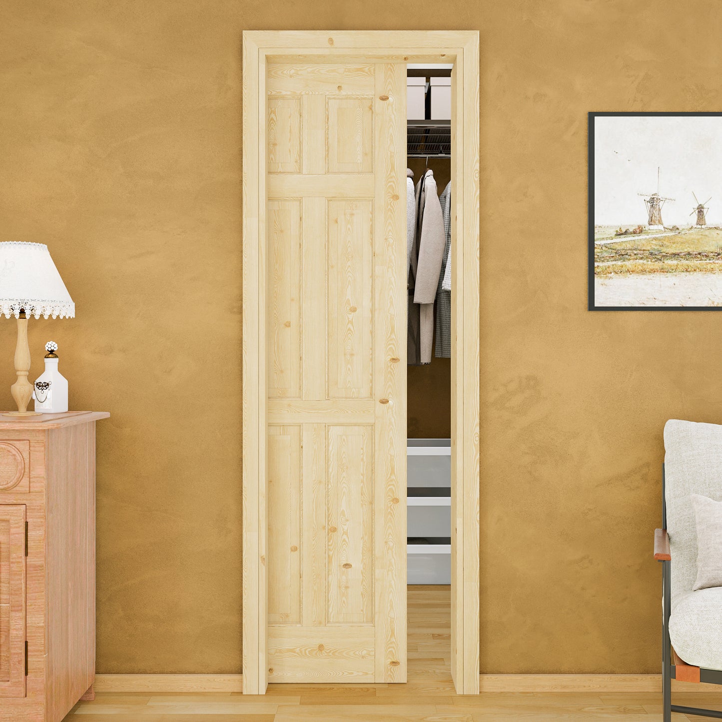 Jujubon 6 Lite-Panel Universal Solid Core Pine Wood Pocket Door with Hardware Kit & Soft Close & Frame, Unfinished