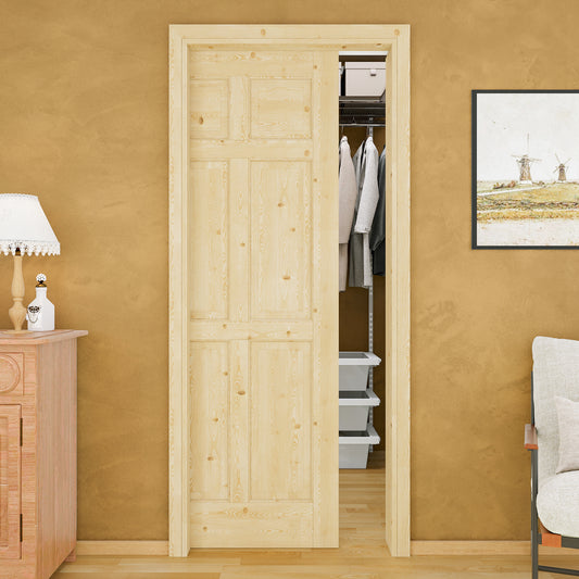 Jujubon 6 Lite-Panel Universal Solid Core Pine Wood Pocket Door with Hardware Kit & Soft Close & Frame, Unfinished