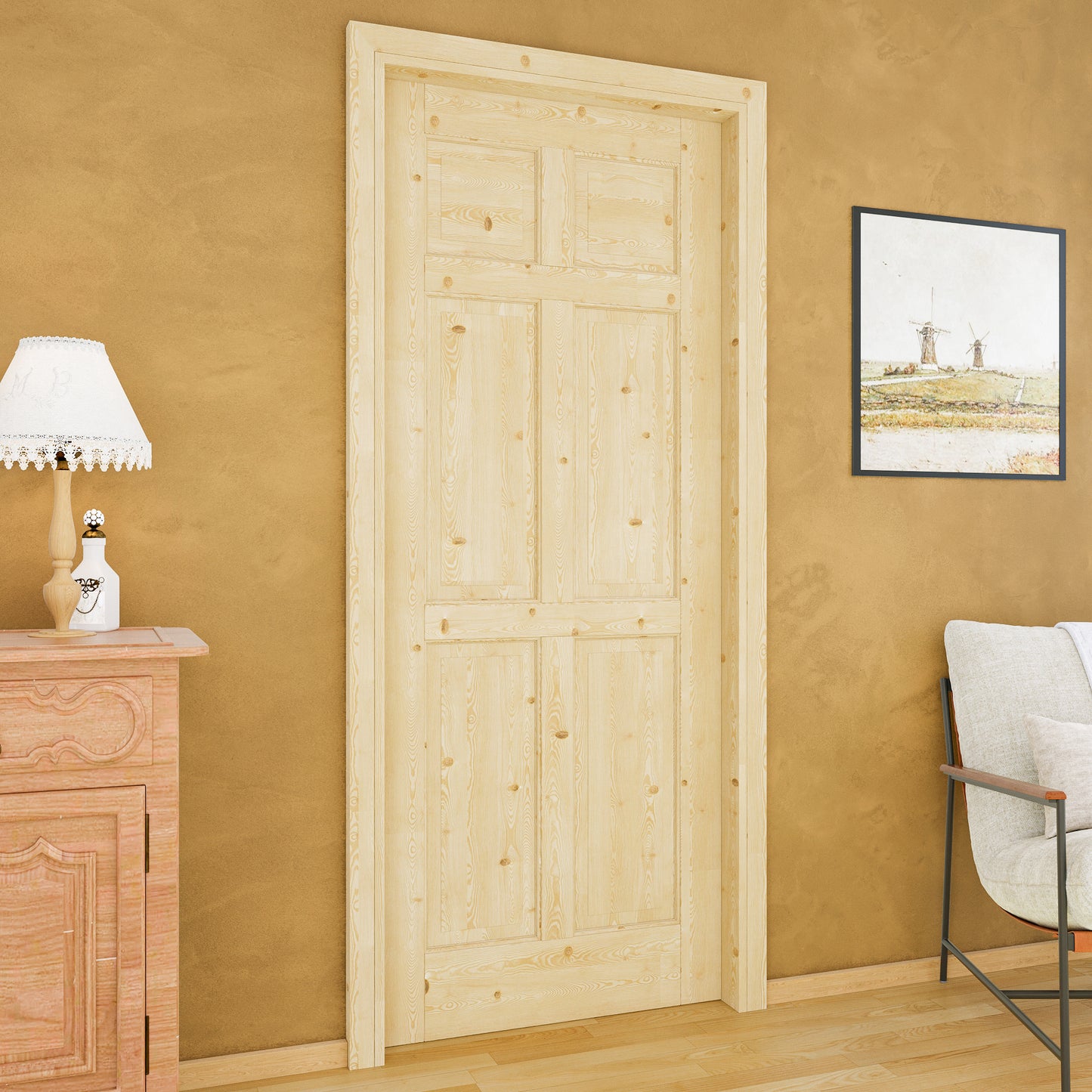 Jujubon 6 Lite-Panel Universal Solid Core Pine Wood Pocket Door with Hardware Kit & Soft Close & Frame, Unfinished