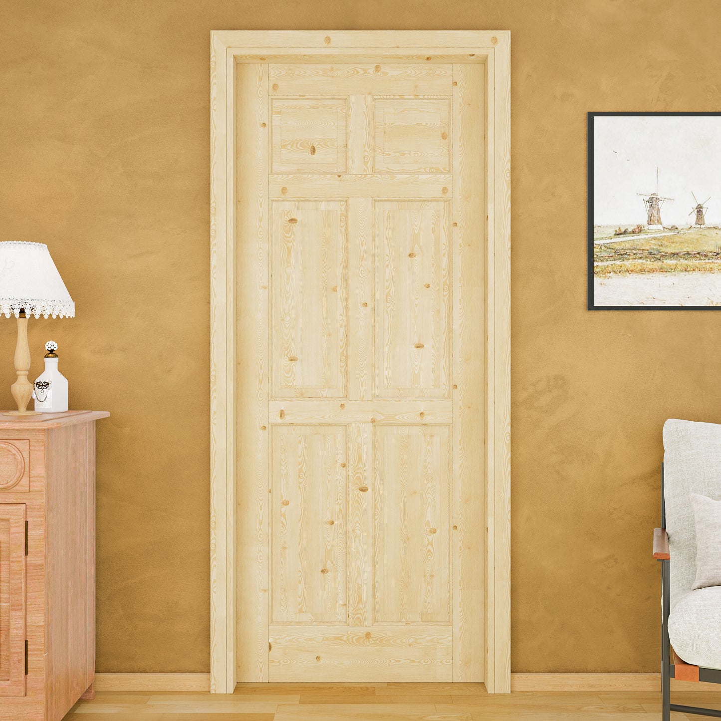 Jujubon 6 Lite-Panel Universal Solid Core Pine Wood Pocket Door with Hardware Kit & Soft Close & Frame, Unfinished