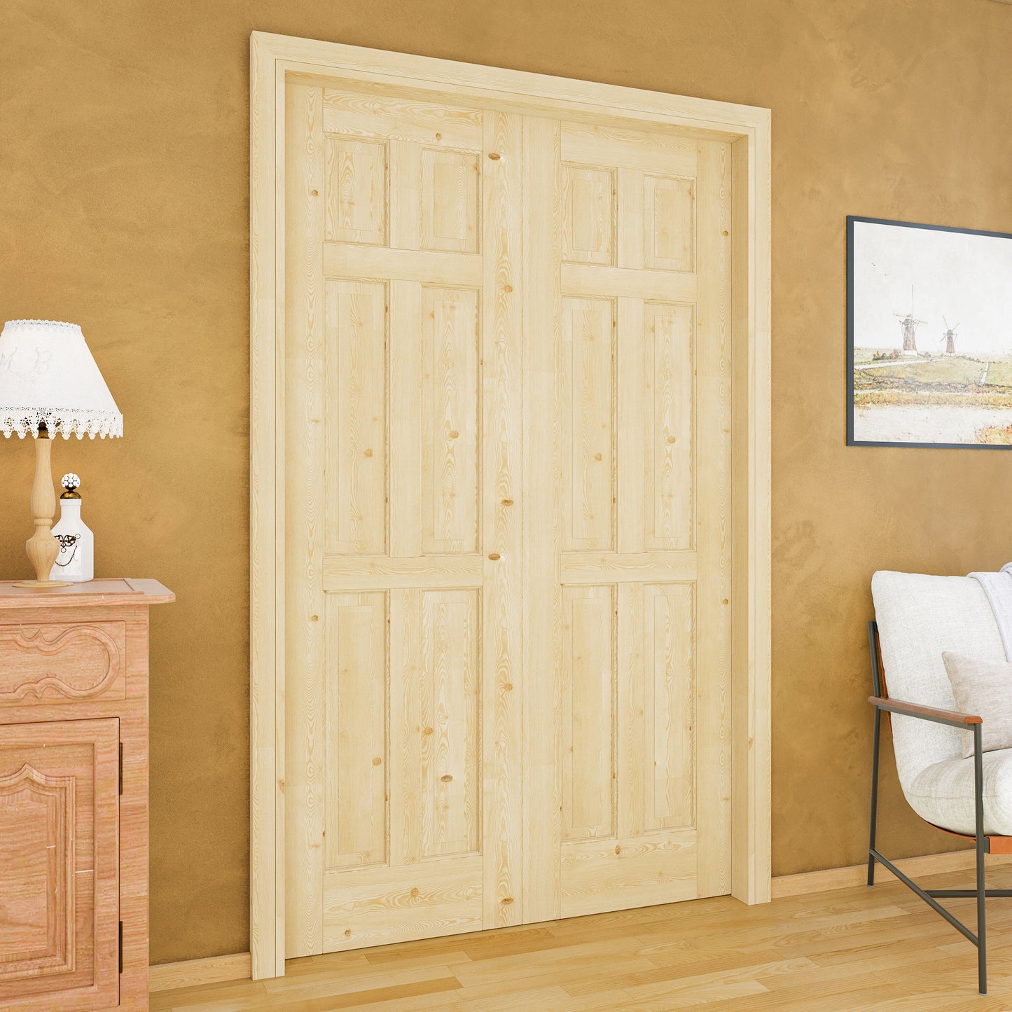 Jujubon 6 Lite-Panel Universal Solid Core Pine Wood Pocket Door with Hardware Kit & Soft Close & Frame, Unfinished
