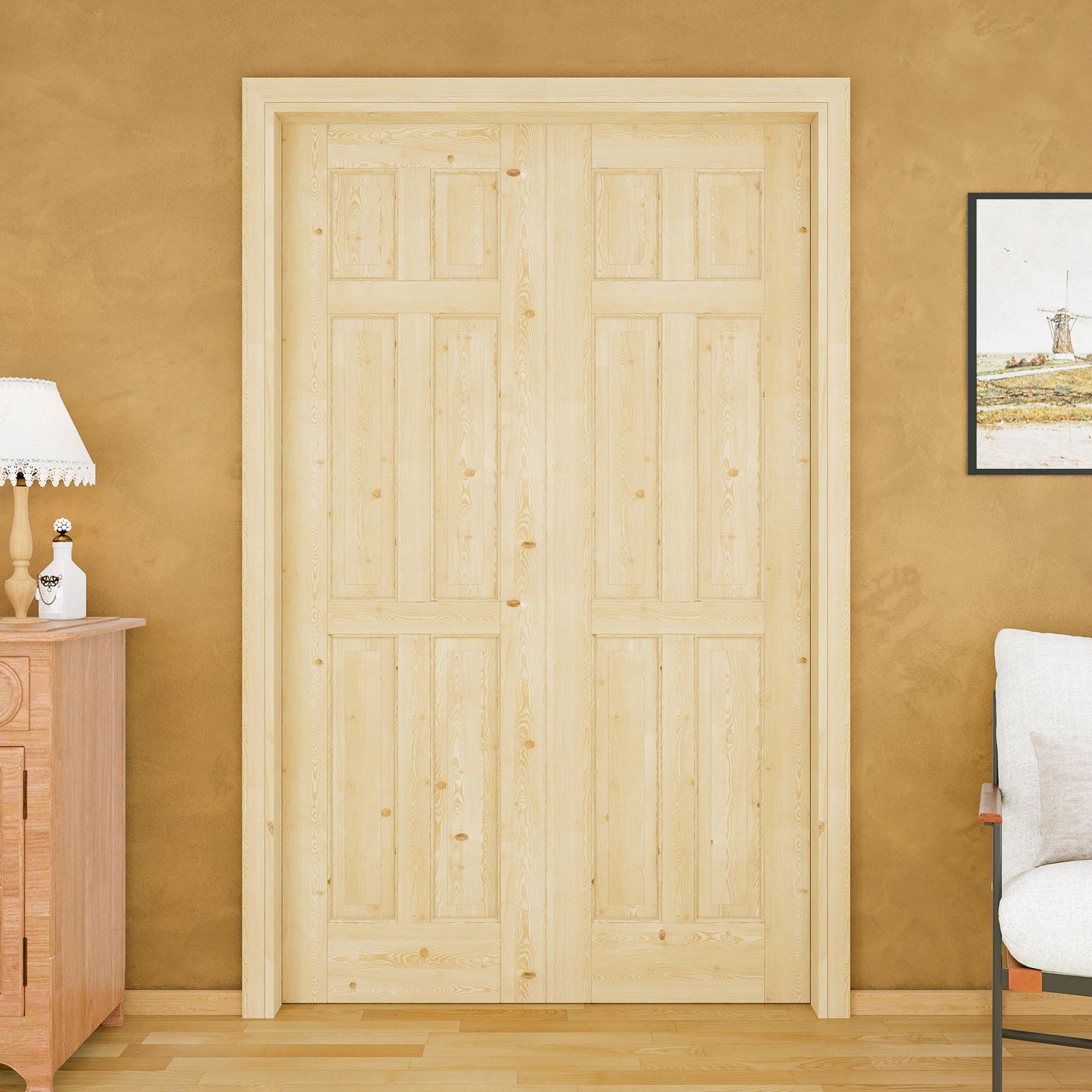 Jujubon 6 Lite-Panel Universal Solid Core Pine Wood Pocket Door with Hardware Kit & Soft Close & Frame, Unfinished