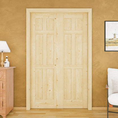 Jujubon 6 Lite-Panel Universal Solid Core Pine Wood Pocket Door with Hardware Kit & Soft Close & Frame, Unfinished