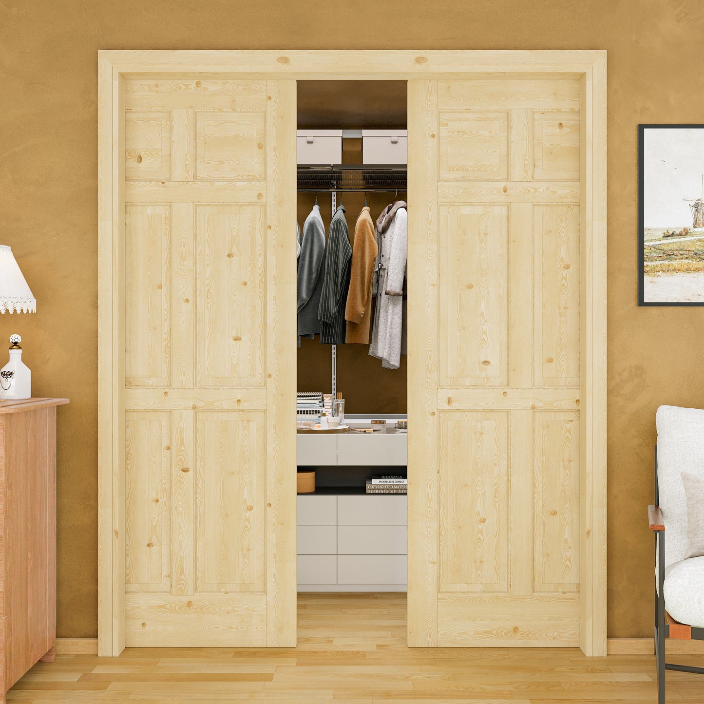 Jujubon 6 Lite-Panel Universal Solid Core Pine Wood Pocket Door with Hardware Kit & Soft Close & Frame, Unfinished