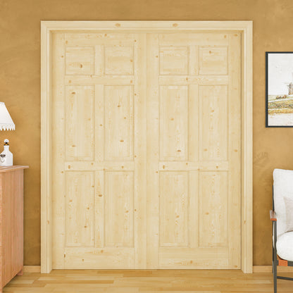 Jujubon 6 Lite-Panel Universal Solid Core Pine Wood Pocket Door with Hardware Kit & Soft Close & Frame, Unfinished