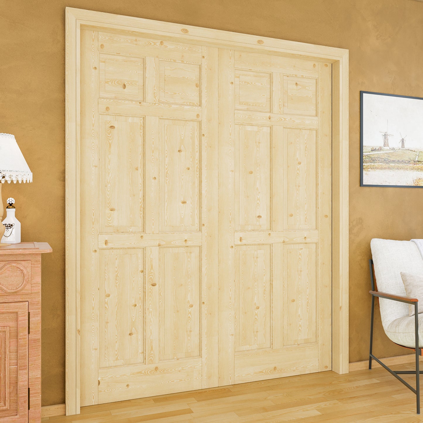Jujubon 6 Lite-Panel Universal Solid Core Pine Wood Pocket Door with Hardware Kit & Soft Close & Frame, Unfinished