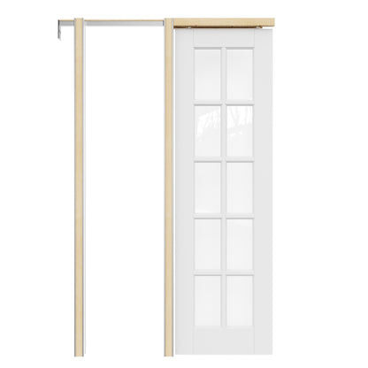 JUJUBON Soft-Close Sliding Pocket Doors, 10-Lite Tempered Clear Glass Door Slab with Hardware Kit&Pocket Door Frame, Interior Sliding Doors for 2x4 Stud, Pre-Finished&Paintable