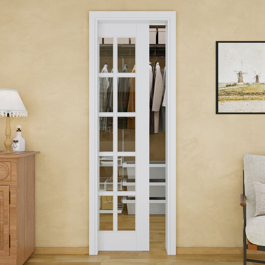 JUJUBON Soft-Close Sliding Pocket Doors, 10-Lite Tempered Clear Glass Door Slab with Hardware Kit&Pocket Door Frame, Interior Sliding Doors for 2x4 Stud, Pre-Finished&Paintable