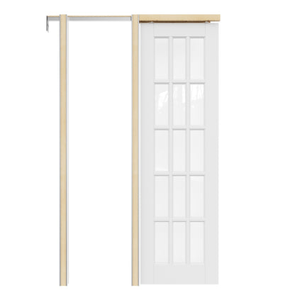 Jujubon 15-Lite Clear Glass Pocket Door with Hardware Kit & Soft Close & Frame, MDF Wood & Paint-grade Finished, White