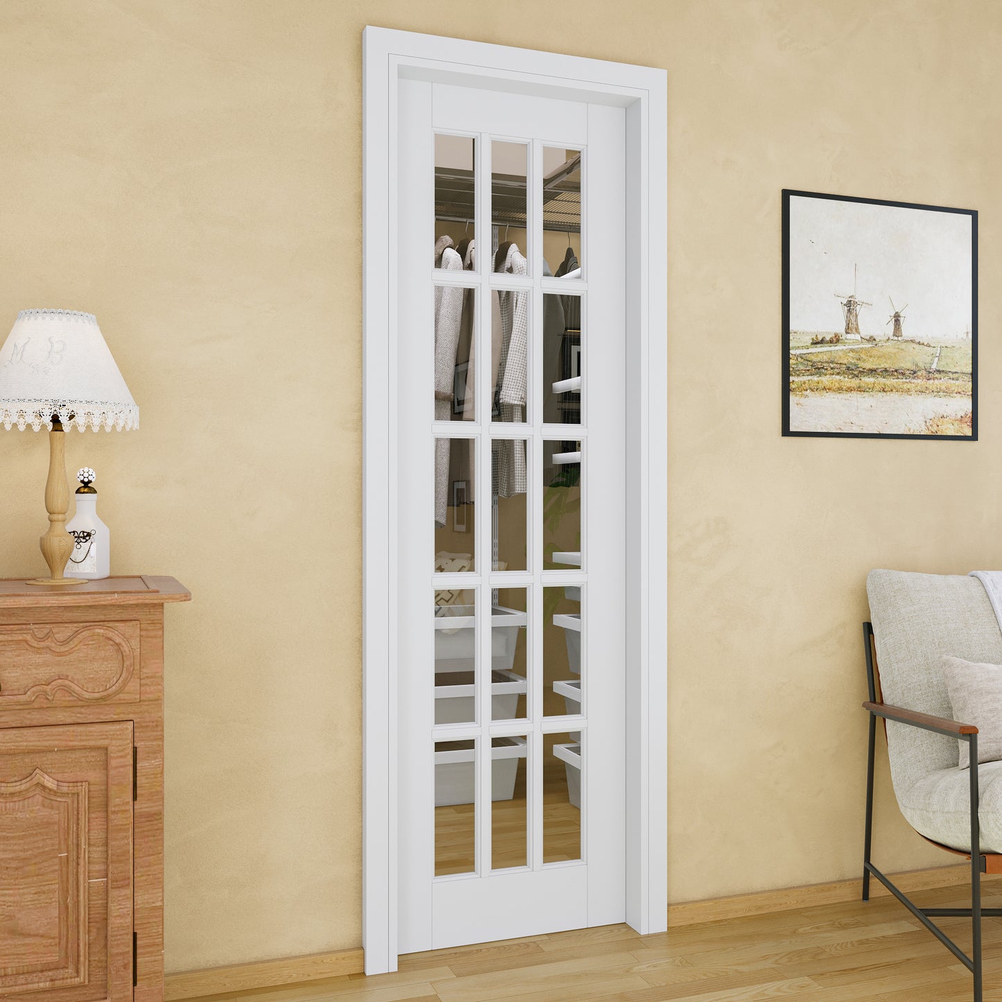 Jujubon 15-Lite Clear Glass Pocket Door with Hardware Kit & Soft Close & Frame, MDF Wood & Paint-grade Finished, White