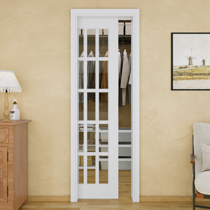 Jujubon 15-Lite Clear Glass Pocket Door with Hardware Kit & Soft Close & Frame, MDF Wood & Paint-grade Finished, White