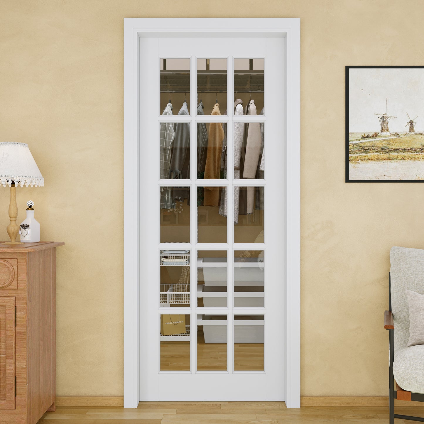 Jujubon 15-Lite Clear Glass Pocket Door with Hardware Kit & Soft Close & Frame, MDF Wood & Paint-grade Finished, White