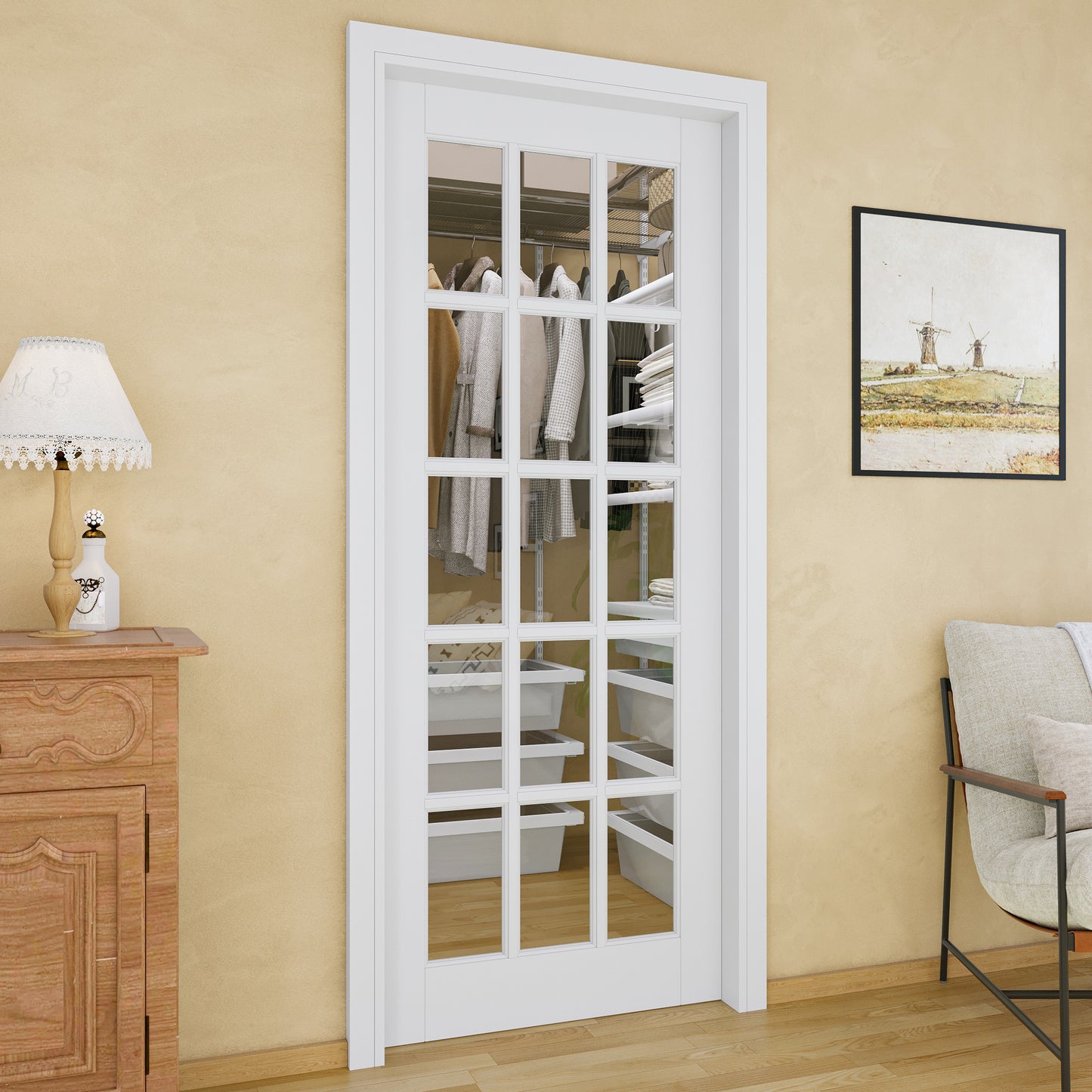 Jujubon 15-Lite Clear Glass Pocket Door with Hardware Kit & Soft Close & Frame, MDF Wood & Paint-grade Finished, White