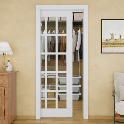 Jujubon 15-Lite Clear Glass Pocket Door with Hardware Kit & Soft Close & Frame, MDF Wood & Paint-grade Finished, White
