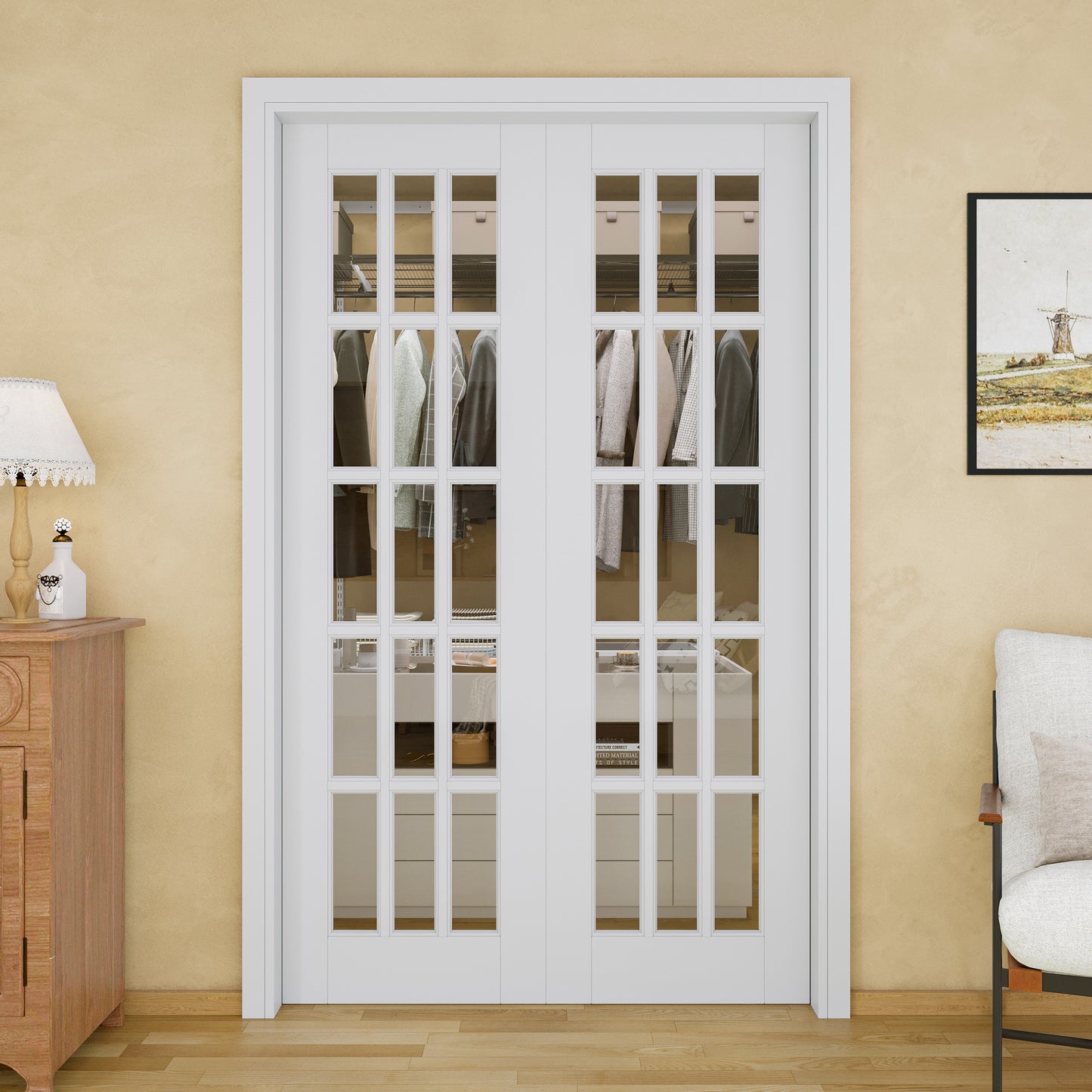 Jujubon 15-Lite Clear Glass Pocket Door with Hardware Kit & Soft Close & Frame, MDF Wood & Paint-grade Finished, White
